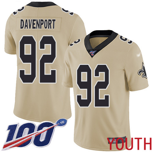 New Orleans Saints Limited Gold Youth Marcus Davenport Jersey NFL Football #92 100th Season Inverted Legend Jersey->youth nfl jersey->Youth Jersey